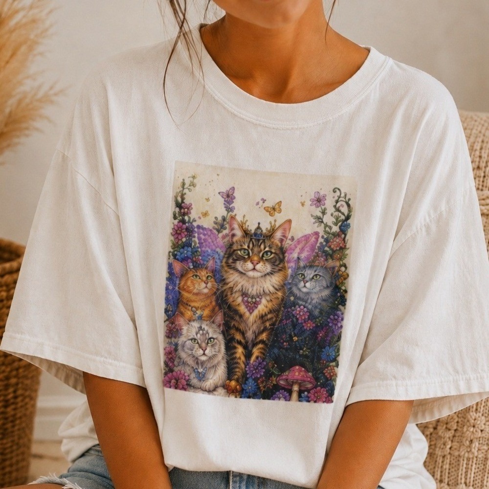White Oversized Graphic T-Shirt Whimsical Fairy Garden Cats and Flowers Tee